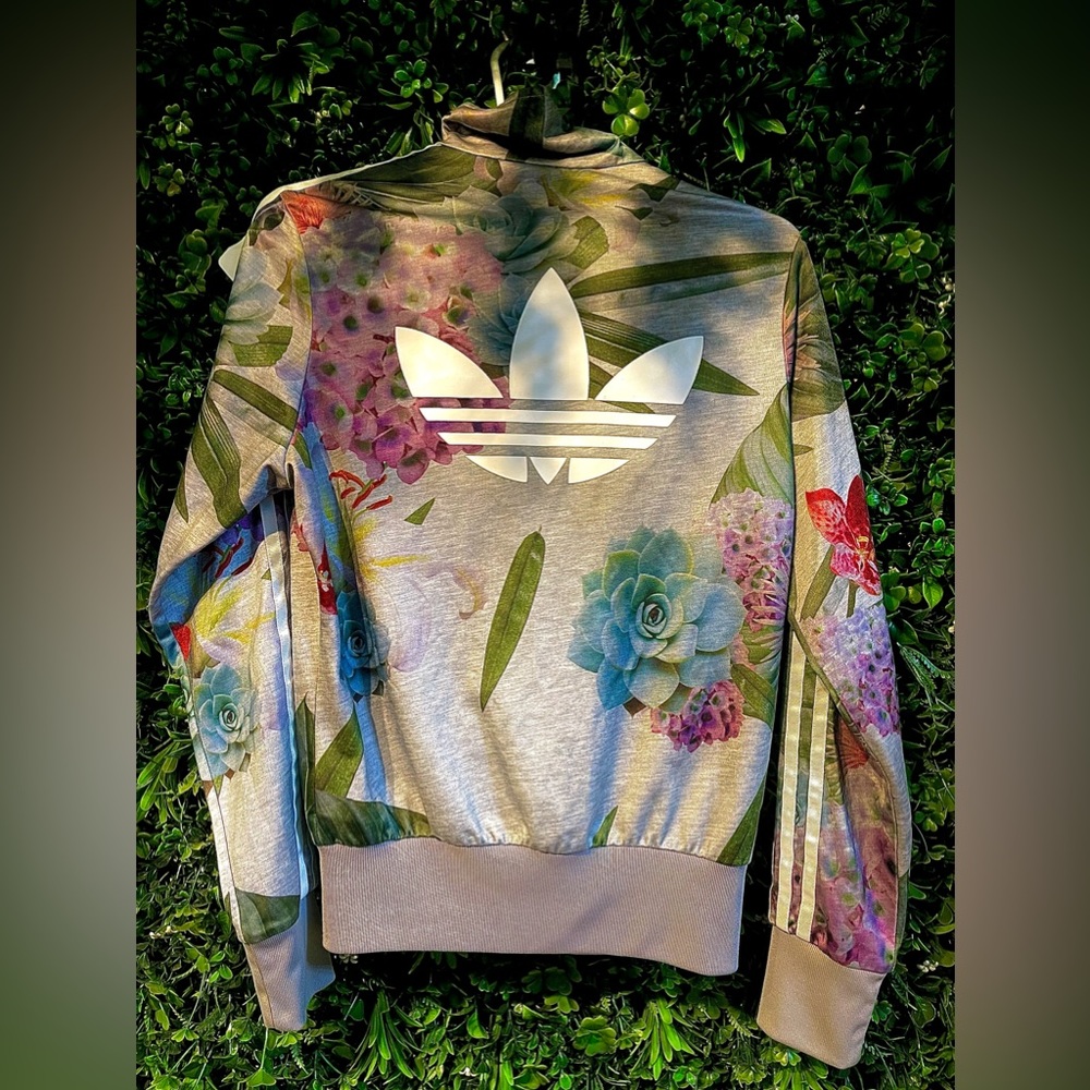 Womens Adidas Originals Firebird Track Jacket in Gray Floral Print SZ SMALL